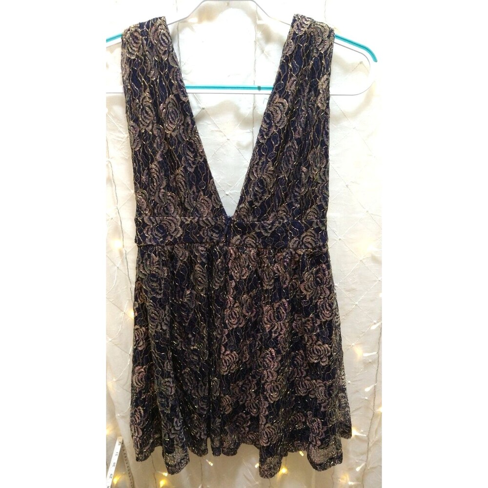 LULUS WOMEN SMALL BLUE GOLD BOHO CHIC ELEGANT FANCY SHIMMER LACE EVENING DRESS